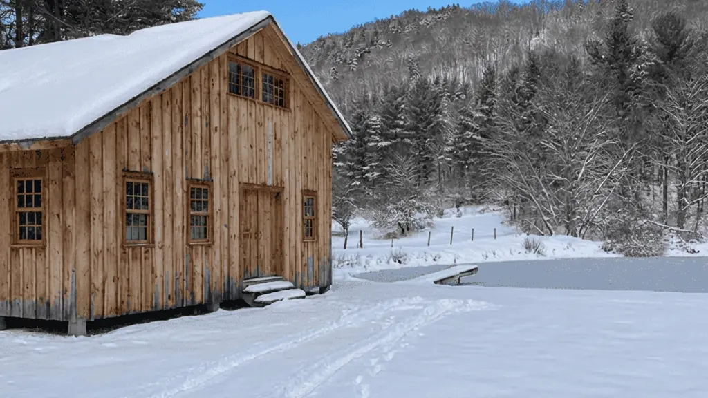 Russell Farm cabin in the snow